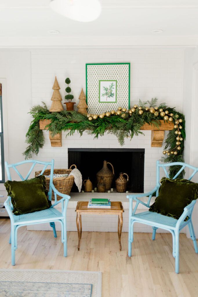 Our blue and green Christmas mantel