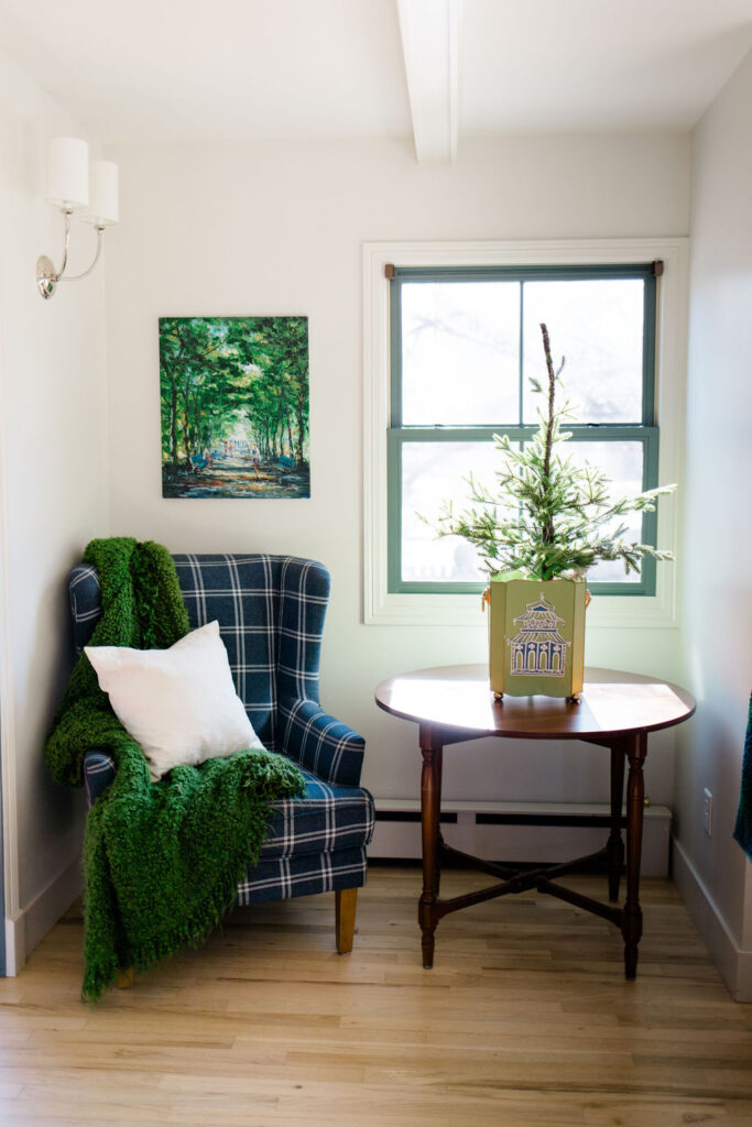 plaid chair with blues and greens