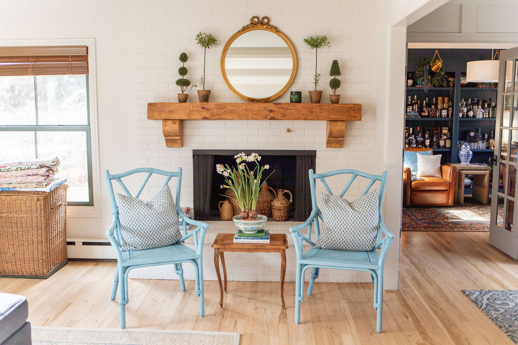 Spring 2024 mantel and blue chairs
