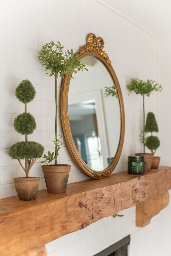 Mantel view with mirror and topiary
