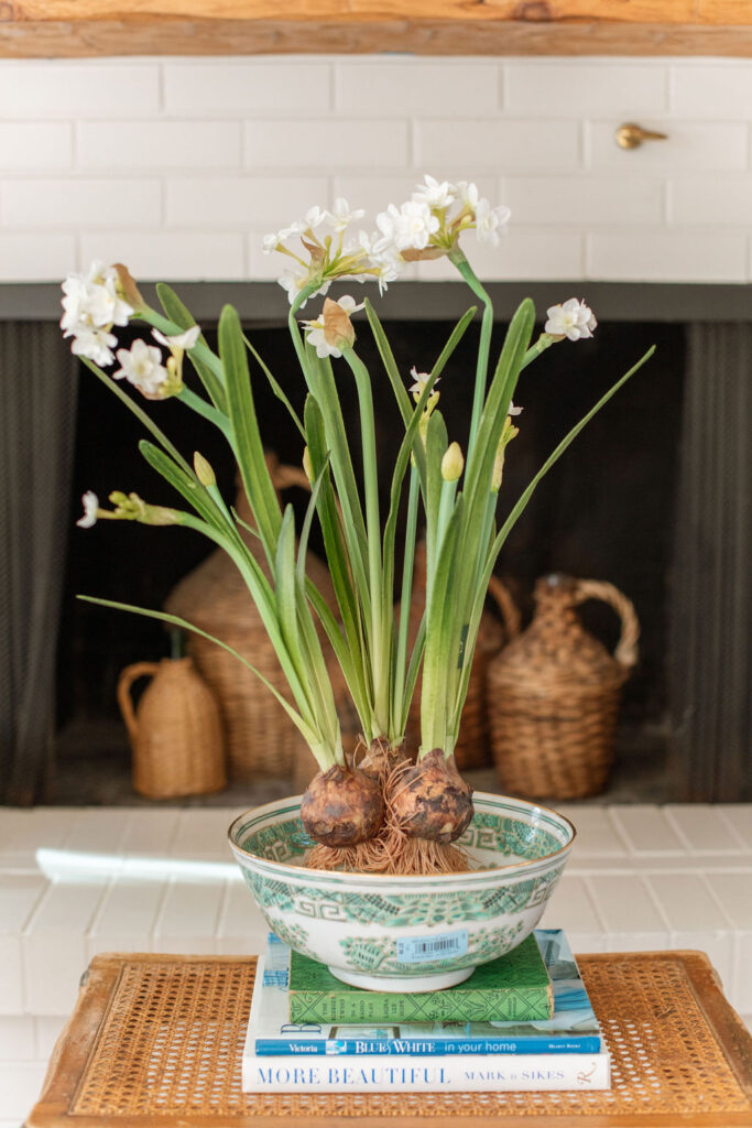 faux paperwhite flowers in colorful bowl