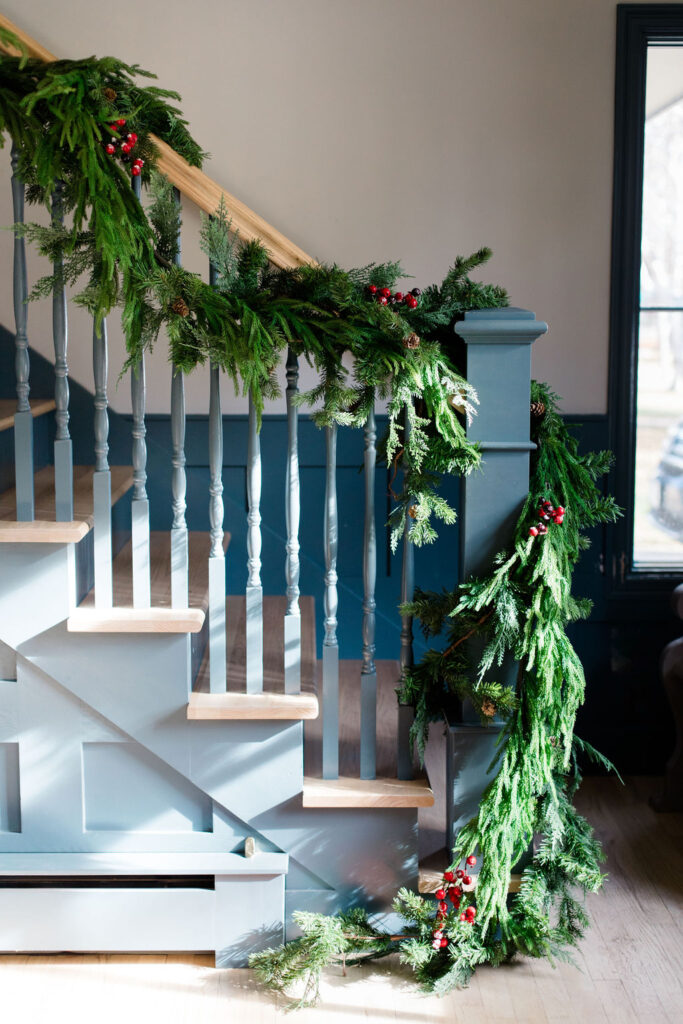 blue and green Christmas entry garland