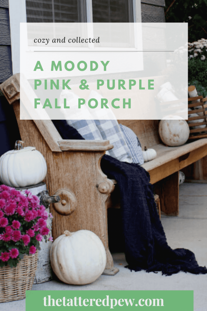 A moody pink, purple and nvay fall porch full of cozy and collected details.