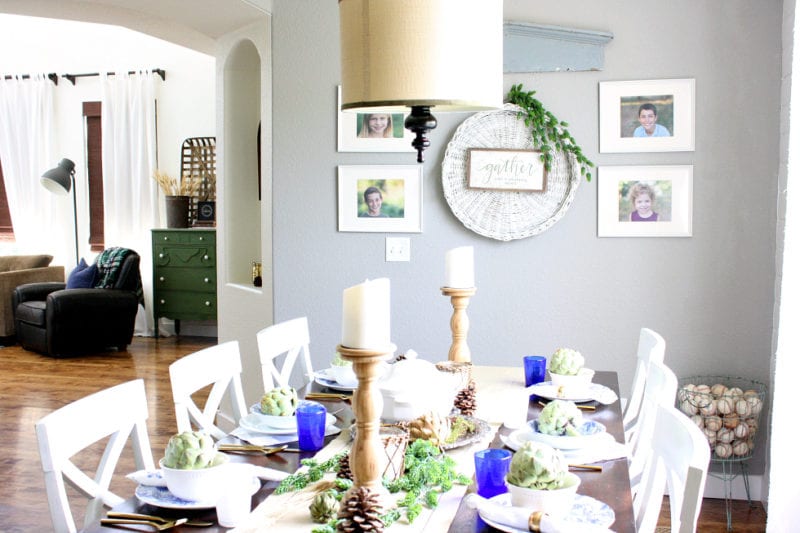 Our natural and neutral tablescape with pops of blue is also class with blue and gold accents.