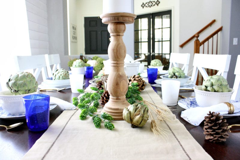 A natural, neutral and classy tablescape with pops of blue.