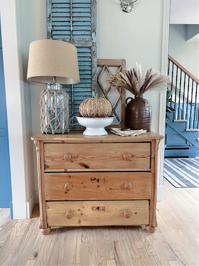 Pine dresser, large blue shutter, fall vignette