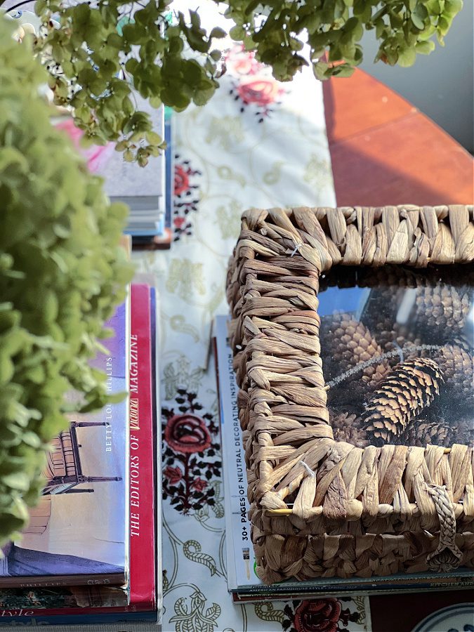 pine cones in rattan box