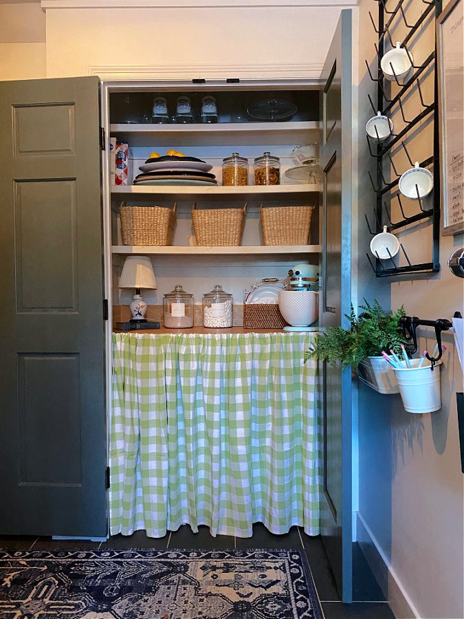 Green and white buffalo check pantry curtain.