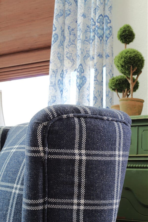 A gorgeous blue accent chair for our family room!