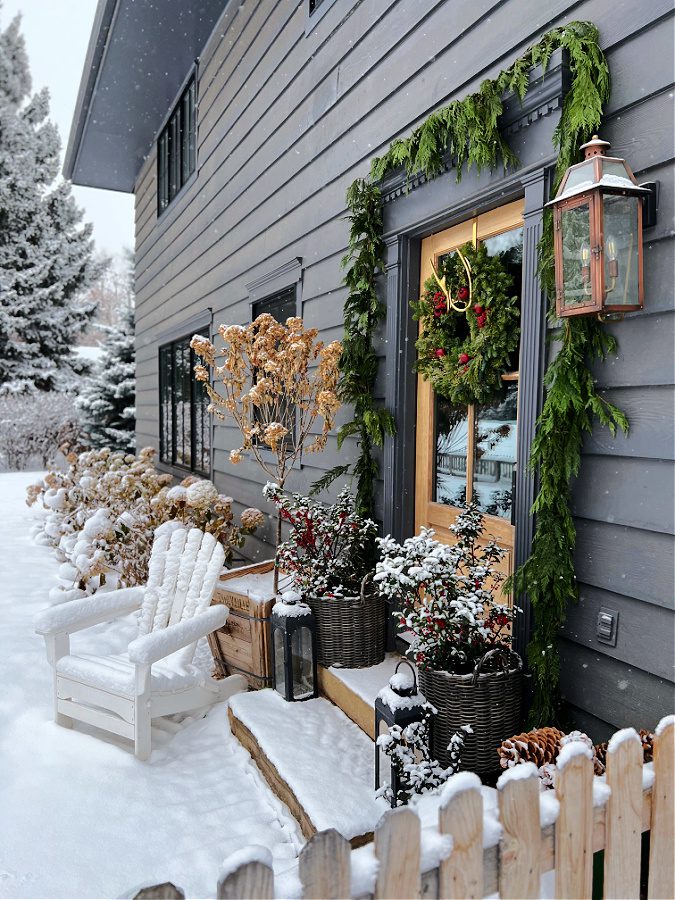 snowy front steps at Christmas