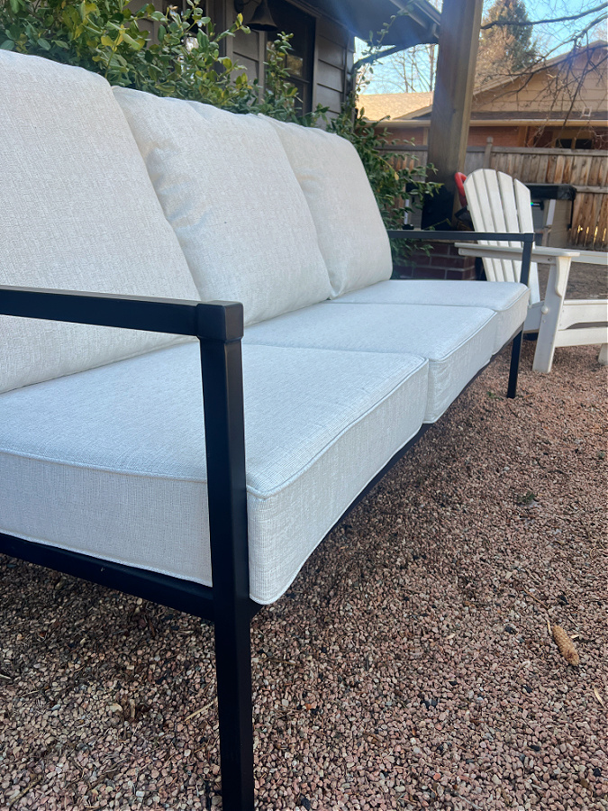 close up of new Walmart outdoor sofa.