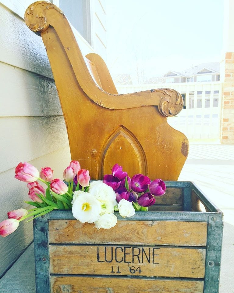Pew vintage crate tulips porch