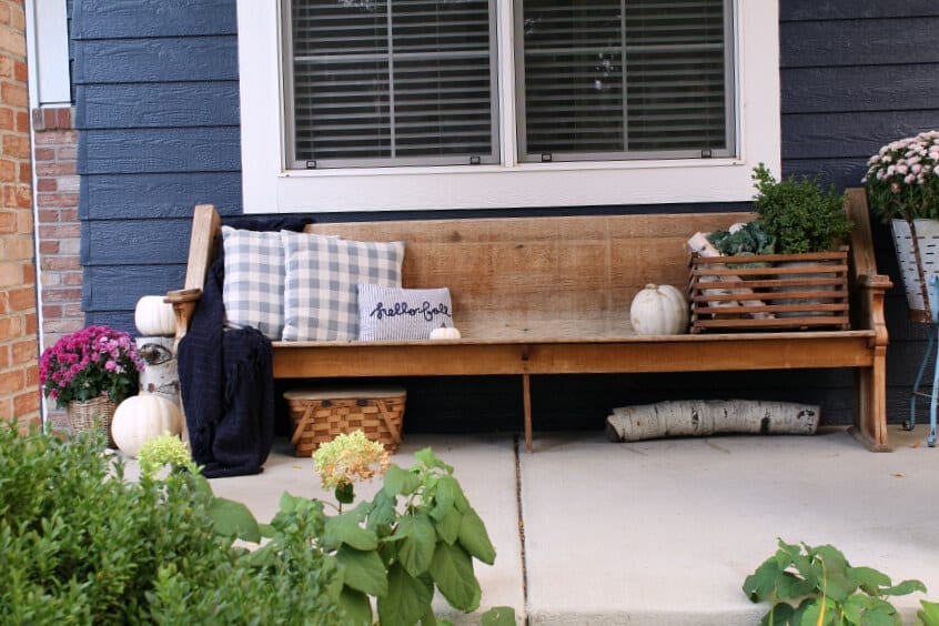 The Tattered Pew on our porch is all decked out for Fall!