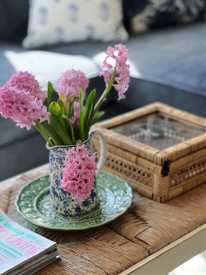 pink hyacinth on green plate featured in our Spring Home Tour