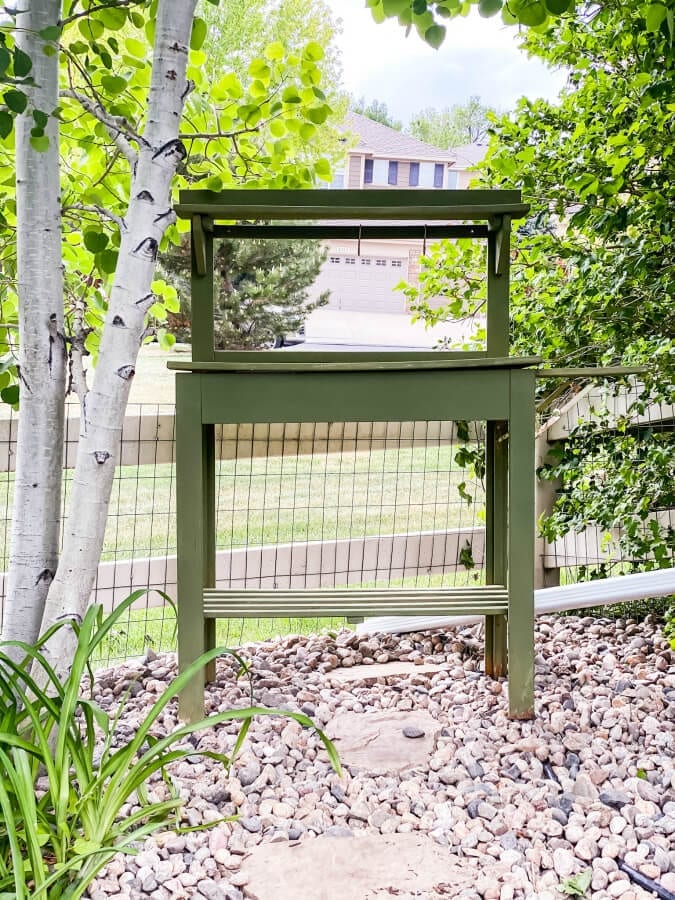 This World Market potting bench got a boxwood milk paint makeover!