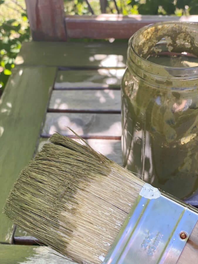 This old weathered potting bench soaked up this boxwood milk paint like a sponge!