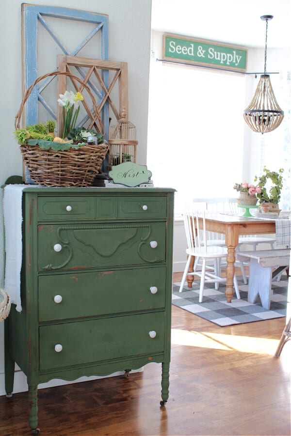 my favorite boxwood dresser all dressed up for Spring!