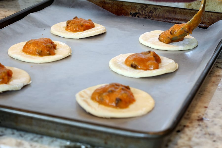 Pumpkin pie chocolate chip filling for these mini puff pastry pies.