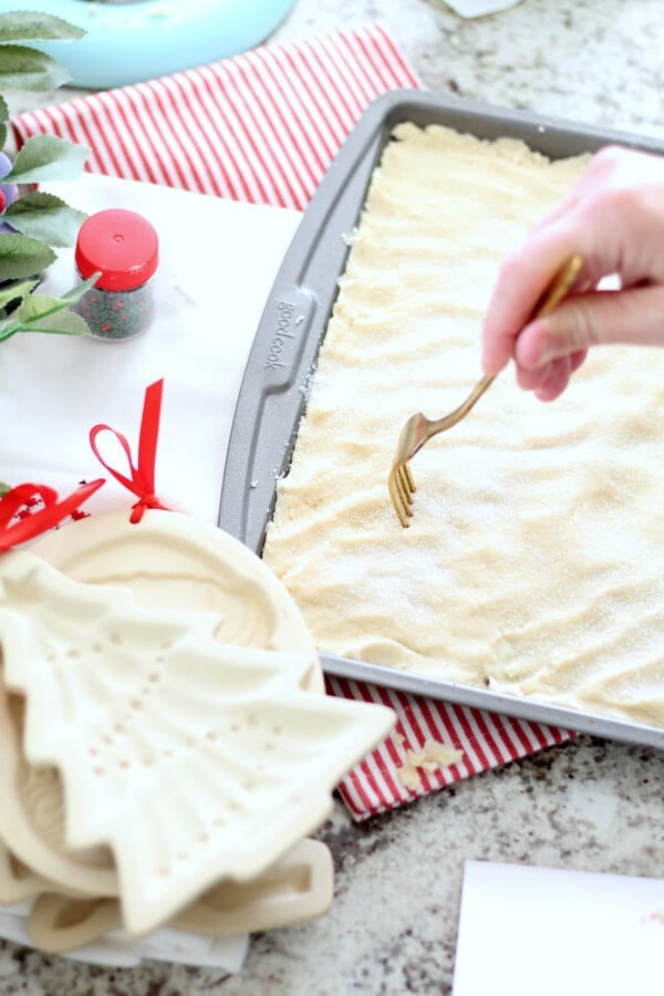 Preparing the shortbread to bake