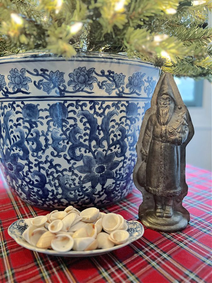 blue bowl and metal santa