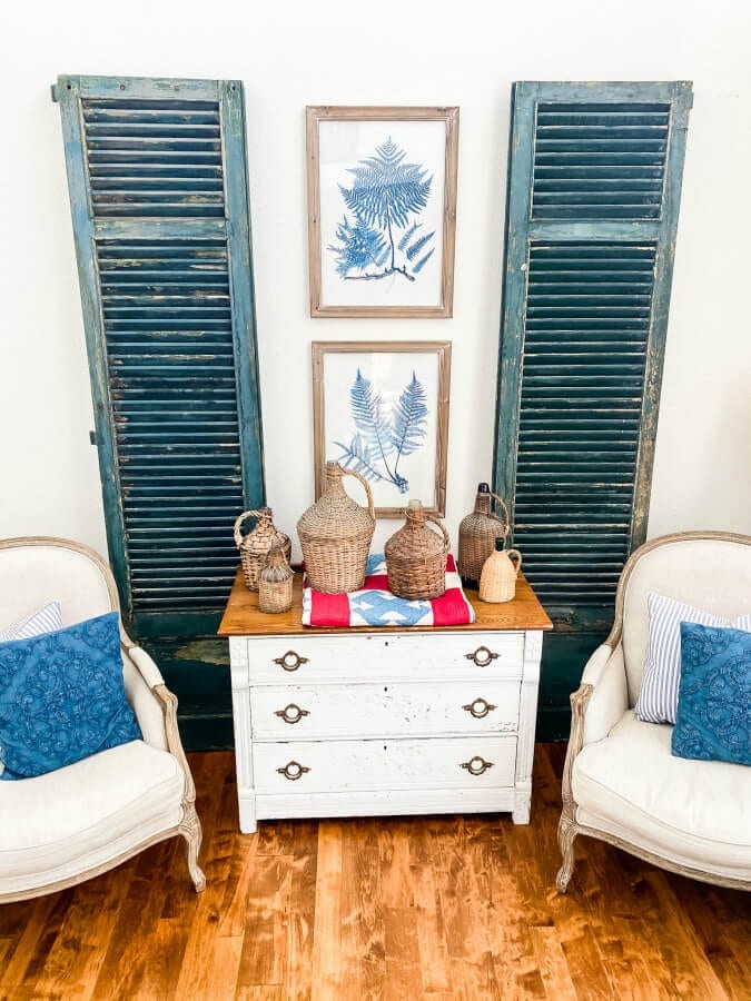 My favorite dark green vintage shutters take up a lot of space on our large wall in our family room.