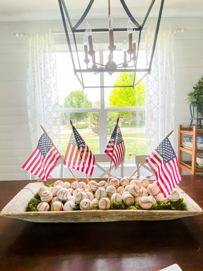 Baseballs, flags, moss and a dough bowl for a patriotic touch