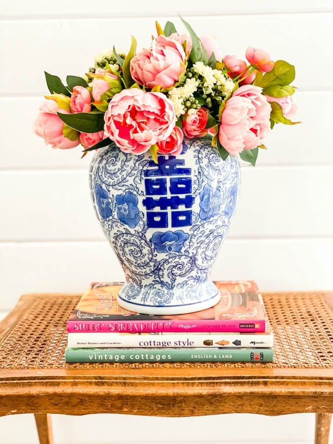 This faux flower arrangement in a blue and white ginger jar is the perfect photo to use in the Waterlogue app to turn it into a watercolor print.