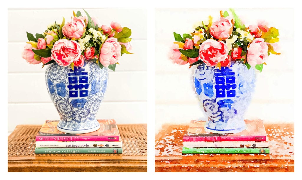 A before and after of my gorgeous watercolor print created on the Waterlogue app.