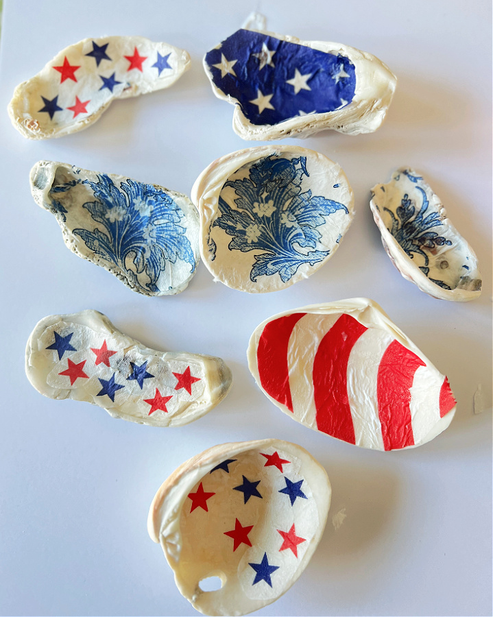 shells with patriotic tissue in the inside adhered with mod podge