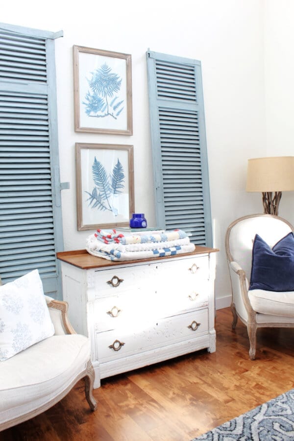 Vintage shutters painted in Bergere milk paint from Miss Mustard Seed's European collection.