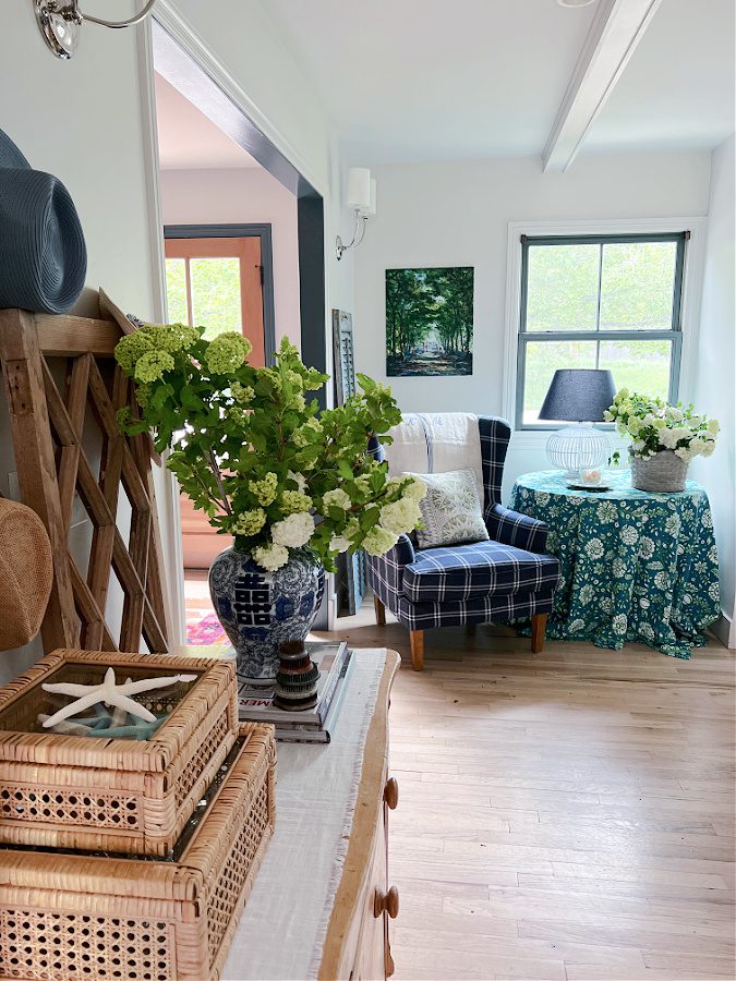 A side view of a small sitting area where I used blues and greens for summer decorating.