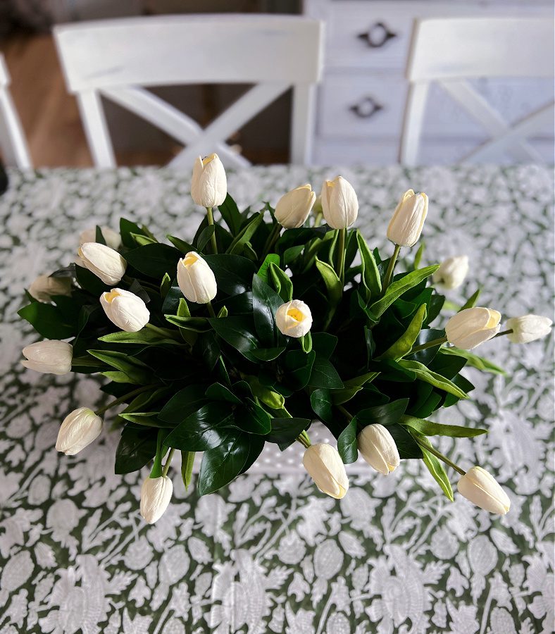 Spring floral arrangement overhead view