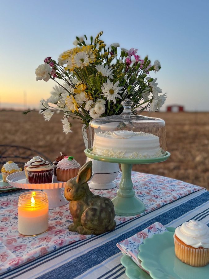 An evening outdoor and rustic Easter table setting.