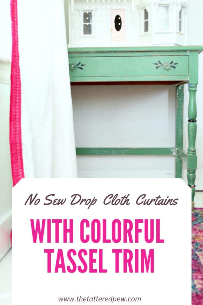 These simple no sew drop cloth curtains with colorful trim are perfect for any spot in your home that needs a quick and classy fix! #dropcloth #dropclothcurtains.#nosewcurtains #bleacheddropcloth #