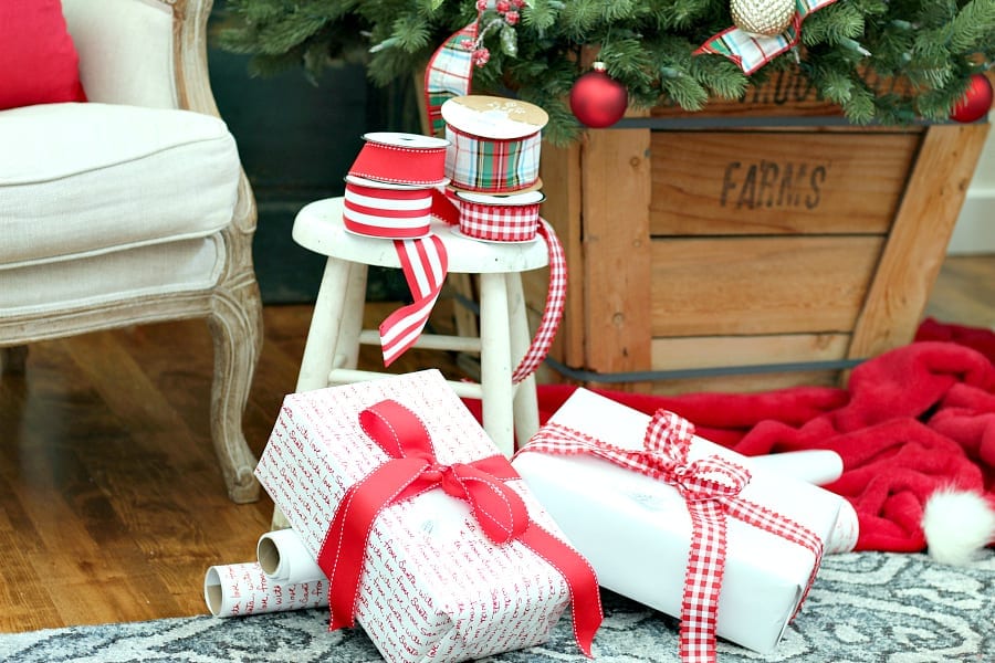 Red, and white Christmas wrapping with pretty ribbon!