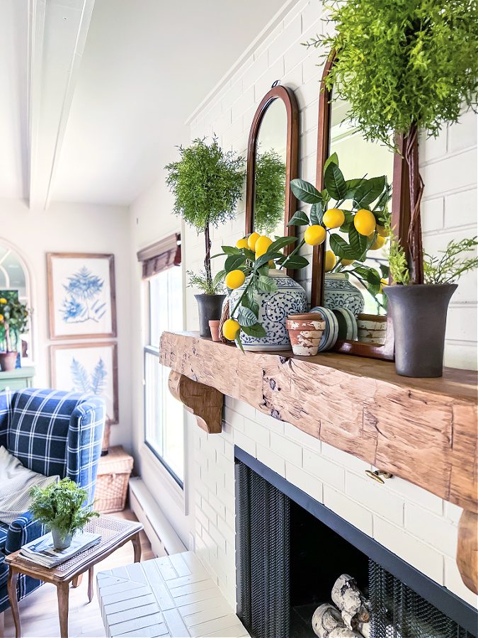 A sideways look at our summer mantel.