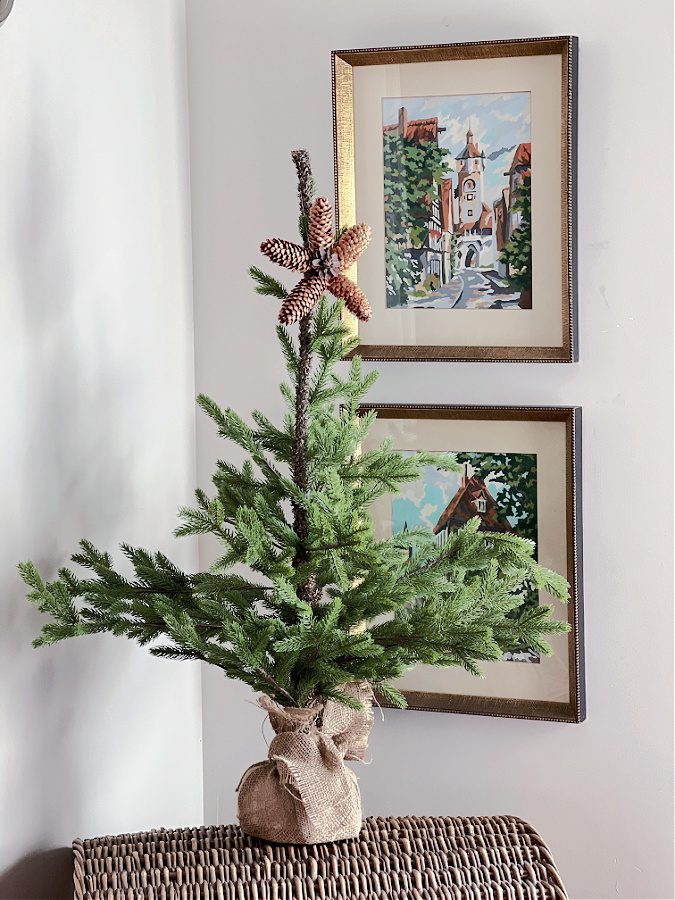 Bare tree with star made of pinecones on top