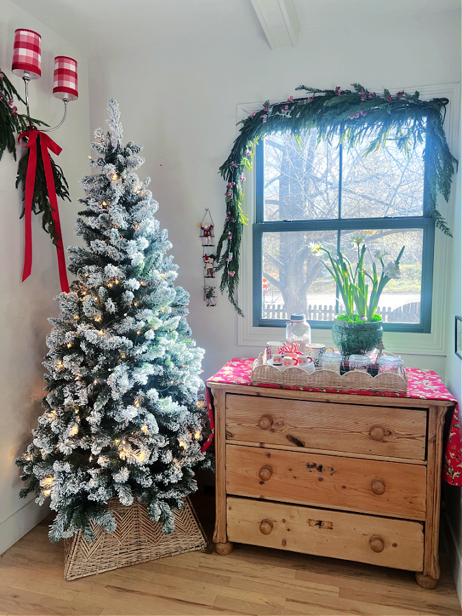 pine dresser used as coca bar for Christmas