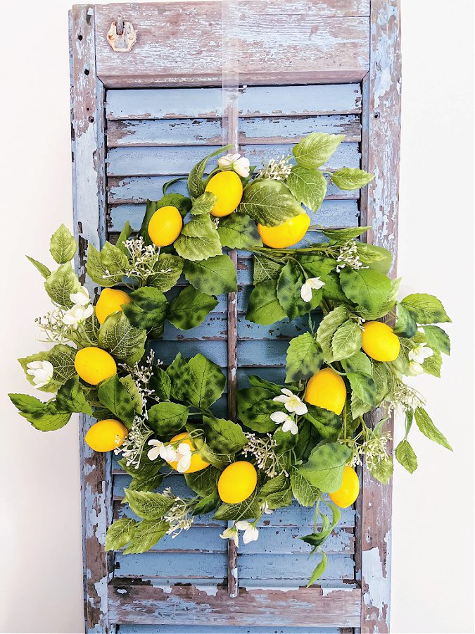 Lemon wreath on blue shutter