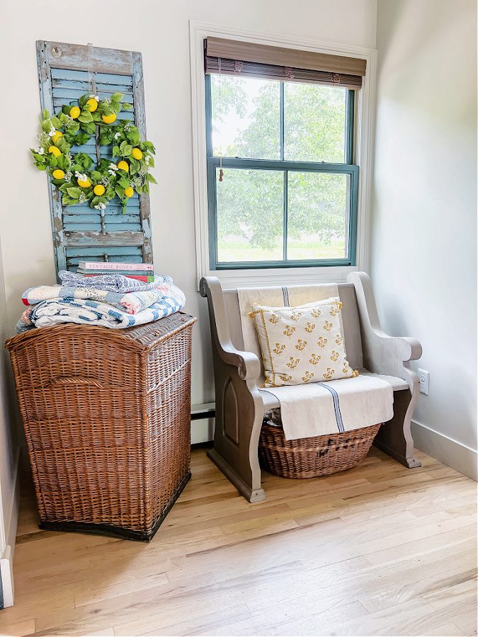 My favorite little pew fits perfectly in this alcove.