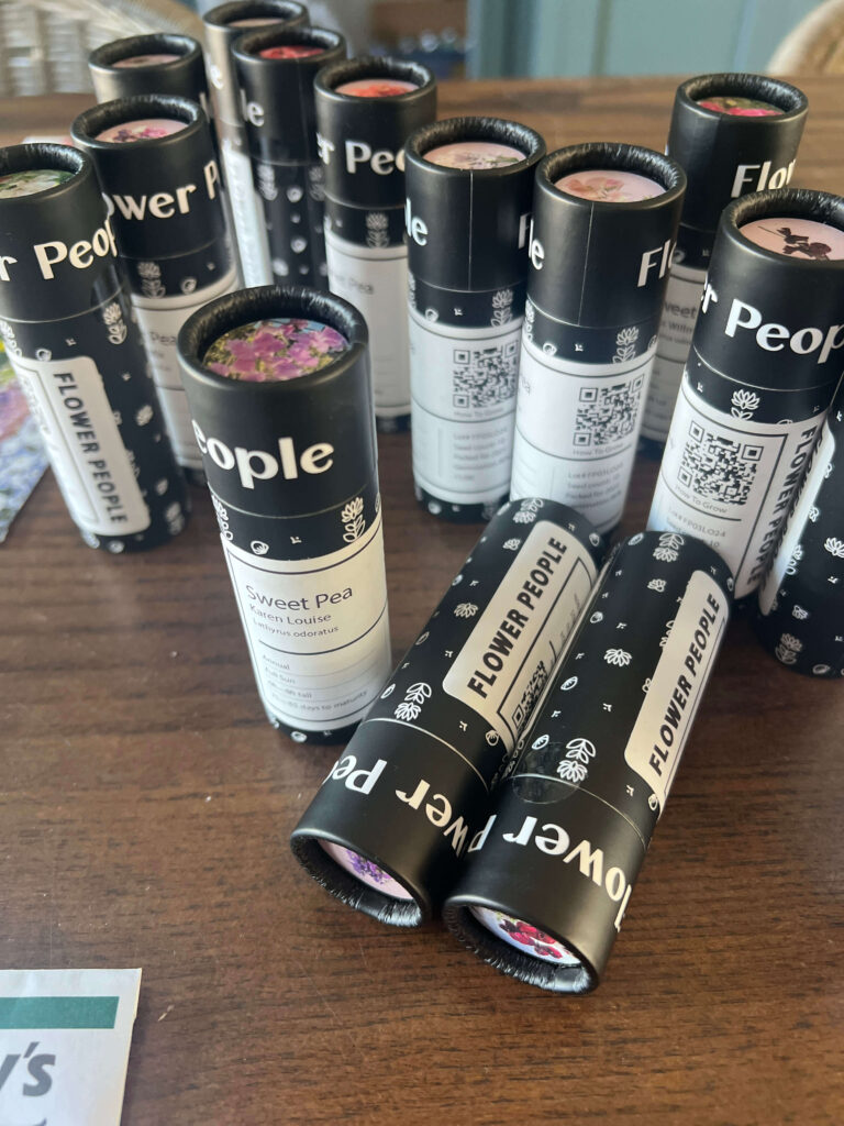Tubes of sweet pea seeds from Flower People