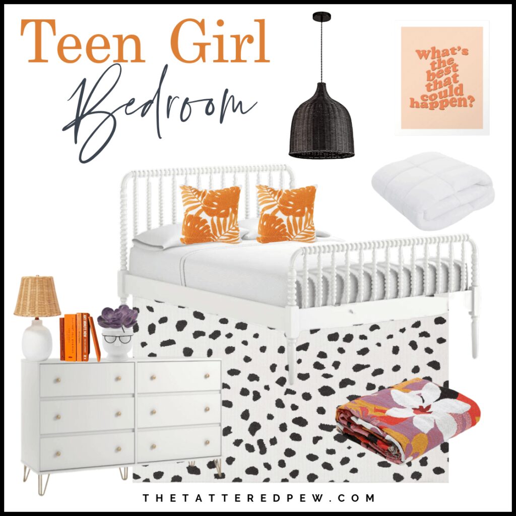 Teen girl bedroom with orange accents