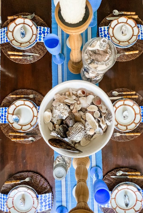 Overhead view of casual coastal tablescape