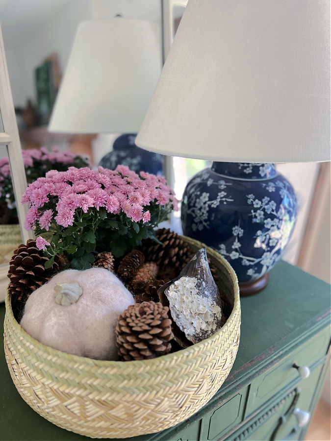 Mums tucked in basket on green dresser