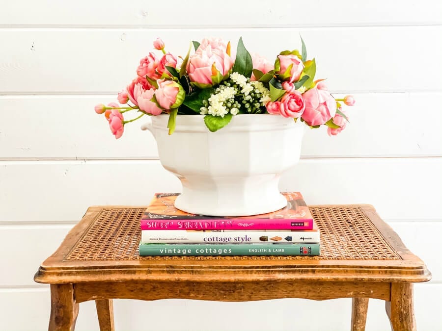 Why not try a faux flower arrangement in a vintage soup tureen?