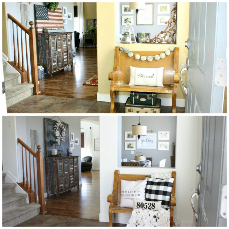 A before and after of an open concept dining space with black and white interior paint