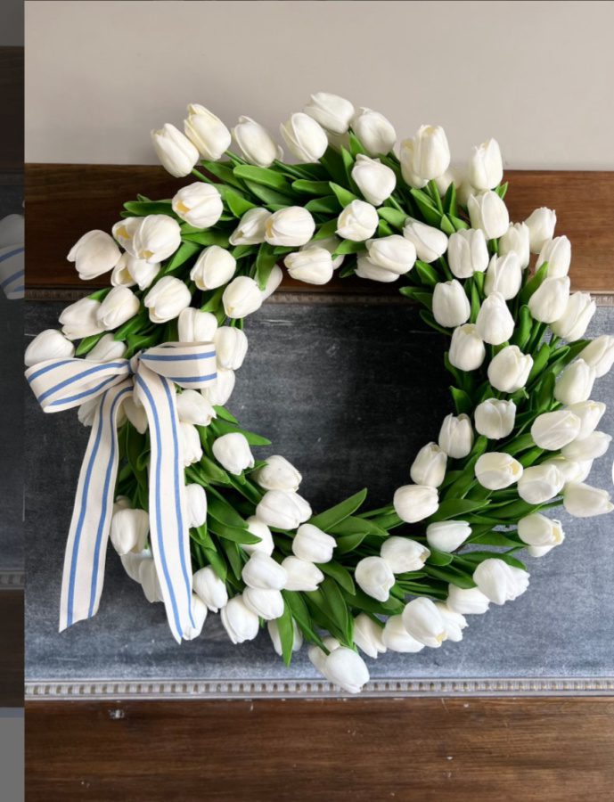 white tulip wreath with bow