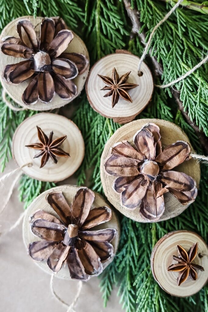 rustic wood slice ornaments with pine cones/ Cottage on Bunker Hill