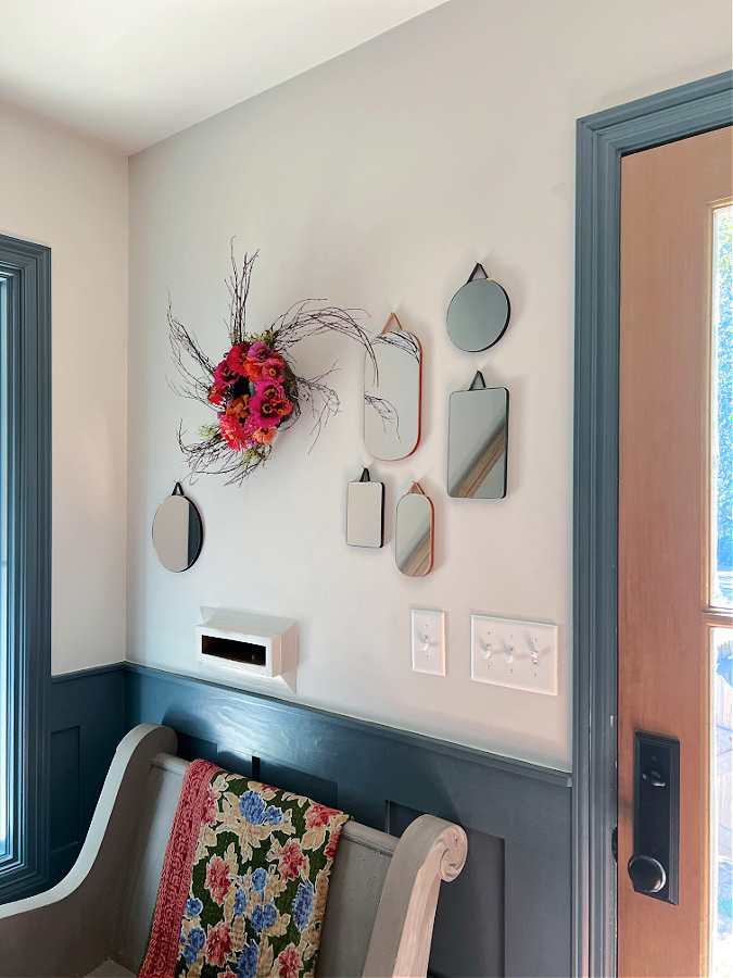 Zinnia wreath above my pew in our entry!